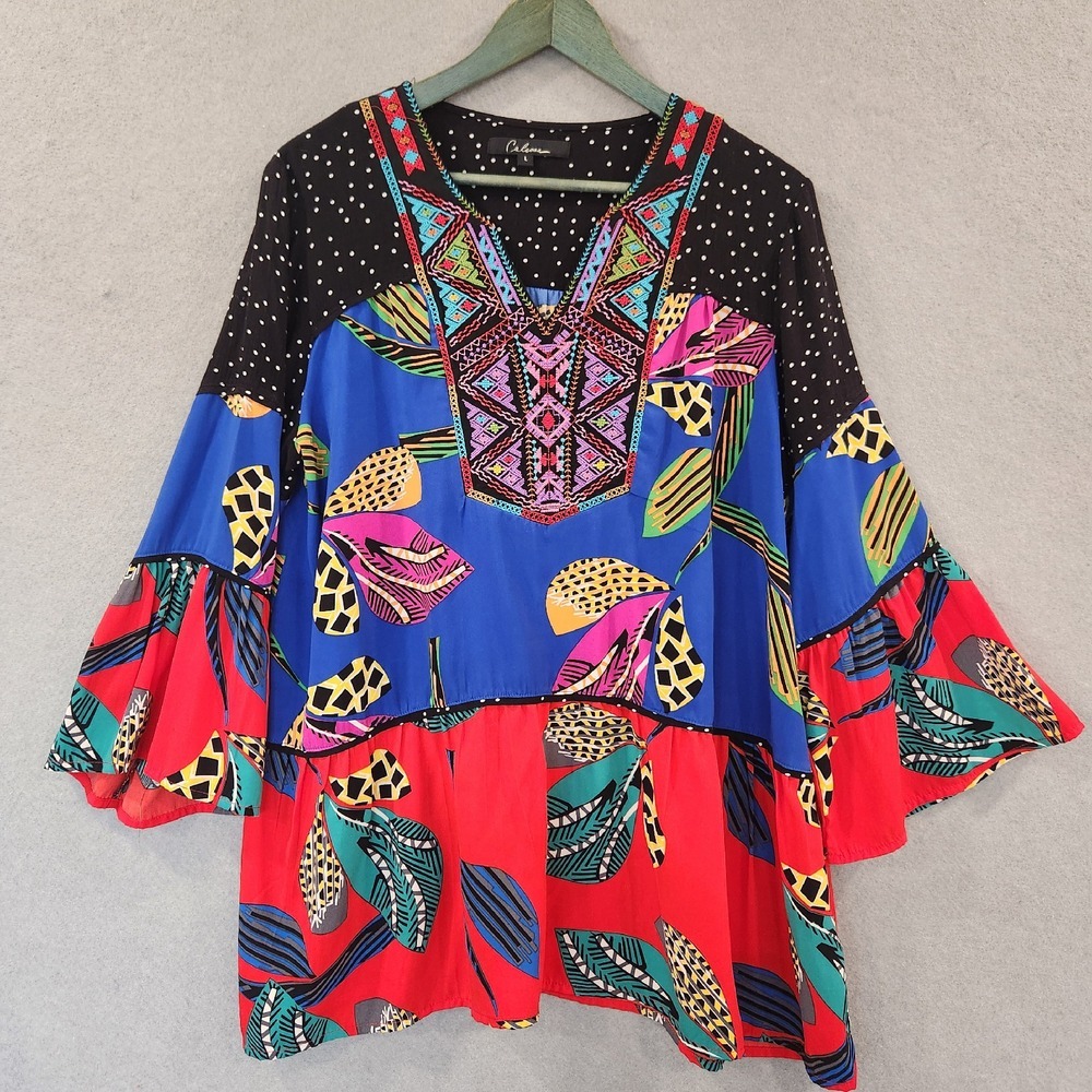 Calessa Embroidered Tunic Top Blouse L Boho V-Neck Bell Sleeves Black & Colorful